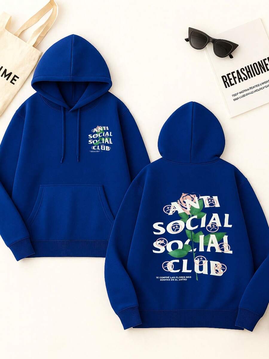 Graphic Sweatshirt For Women, Y2K Streetwear, Anti Social Club Print, Cotton Hoodie, Comfortable For Fall And Four Seasons - Blue - View 1