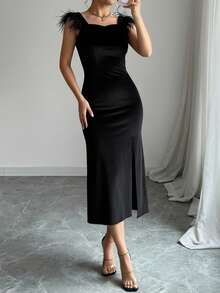 Women's Velvet Dress With Straps - Black - View 1