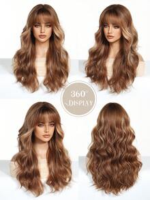 24-Inch Long Wavy Wig With Bangs, Fashionable Ombre Brown-Gold Color, Natural Looking, Heat-Resistant Synthetic Wig Suitable For Women To Attend Parties And New Year Events - Gold - View 6