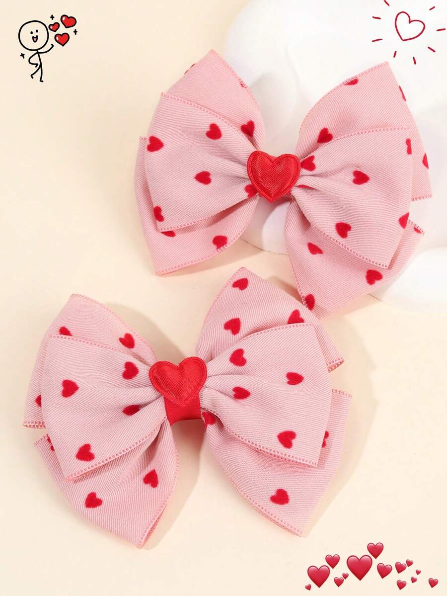 2个情人节爱心蝴蝶结发夹，粉色蝴蝶结发夹，红色爱心装饰发夹，甜美可爱爱心蝴蝶结发卡，情人节派对礼物，时尚发饰，女孩发夹 - 彩色 - 查看 1