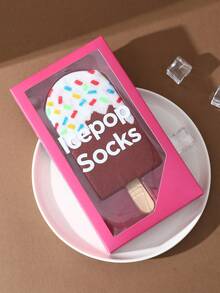1 par de calcetines de media caña creativos de colores múltiples con diseño de helado, caja de regalo, nuevos calcetines deportivos unisex de otoño/invierno 2025, diseño inspirado en alimentos imaginativos, tejido de punto, largos y gruesos, suaves y cómodos - Multicolor - Ver 8