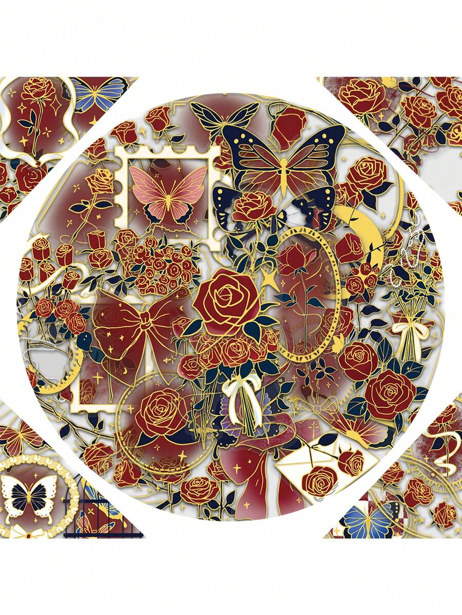 50pcs/Set Romance Aesthetic Gold Stamping Red Rose Transparent PET Stickers, DIY Decorative Decals For Luggage Notebook Laptop Guitar Phone Stationery Sticker Scrapbook Supplies Scrapbook