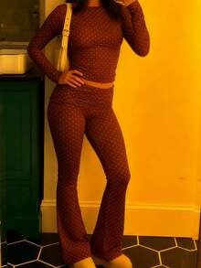 2 Piece  Polka Dot Pants Sets Women  Lounge Outfits Y2k Long Sleeve Top And Fold Over Leggings Pants Tracksuit Sets - 淺棕色 - 查看 5
