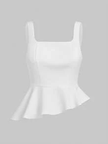 Women's Summer White Sleeveless Square Neck Fitted Asymmetric Ruffle Hem Blouse, Elegant For Evening Party And Date - White - View 5