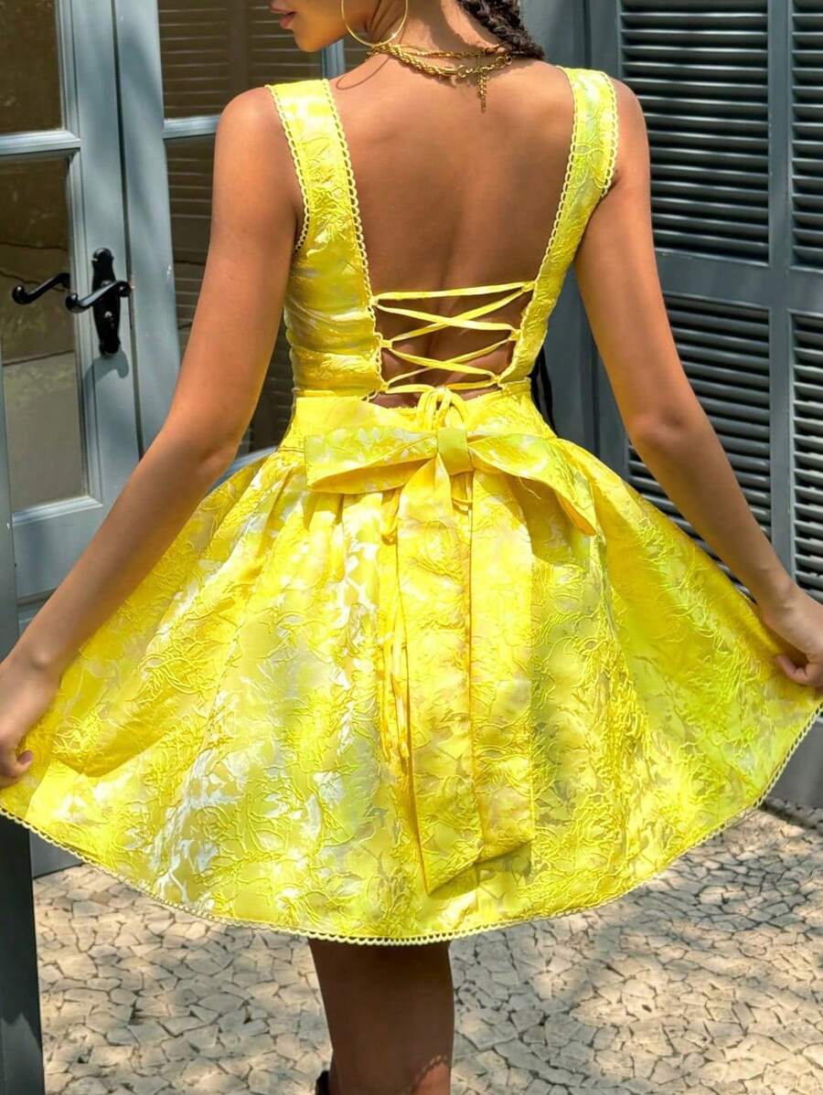 Women's Strappy Mini Dress With Open Back, Waist Tie Bow Detail - Chic Street Style, Casual Day Outings, Outdoor Photoshoots, Seaside Strolls, Romantic Garden Dates, Vacation, Plain Outfits - Yellow - View 1
