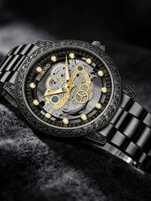 1pc Men's Single-Bridge Design Hollow Minimalist Korean Style Large Dial Luminous Gear Quartz Wrist Watch