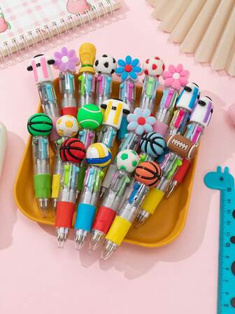 20pcs Charming And Delightful Retractable Ballpoint Pens Include Football Trophy Volleyball Basketball Rugby Jersey Sports Flower Featuring An Ergonomic Round Body, Medium Nib, Made From PVC Material, With A Stick Pen Design, Showcasing Various Cute Patterns, Perfect For School And Office Use.