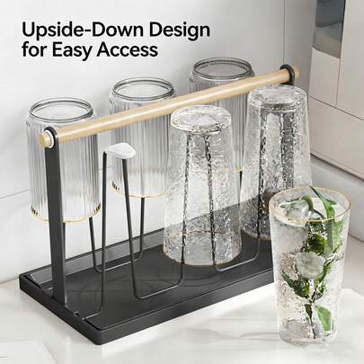 1pc Carbon Steel Cup Holder With Wooden Handle Cup Drainer With Tray No Essemble, Holds 6-Cups Cups Storage Organizer For Home Kitchen Counter, Home Organization