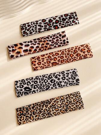 PRETTY KITTY 5ชิ้น ที่คาดผมลายเสือดาววินเทจสำหรับผู้หญิง, เครื่องประดับผมยางยืดสำหรับกีฬา, พิลาทิส, โยคะ, ใส่ได้ทุกวัน