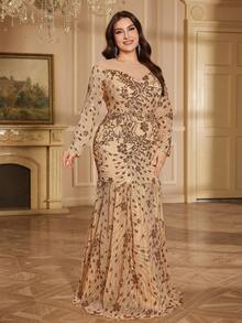 hezixi Elegant High-End Round Neck Plus Size Tulle & Sequin Splice Long Sleeve Gown, Stretchy Fitted Mermaid Style Wedding Party Fall - Champagne - View 5