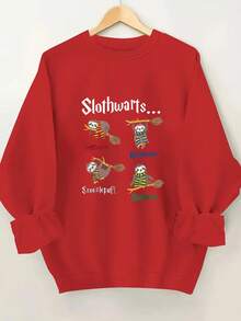 Serie Slothwarts Sudadera de Cuello Redondo con Estampado de Letras Creativas de Perezoso Montando una Escoba - Rojo - Ver 6