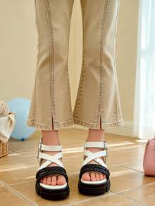 1 Pair Toddler Girls' Beige & Black Woven Soft Leather Sandals, Non-Slip Thick Sole Platform Criss-Cross Strap + Ankle Strap Sandals, Summer Design Soft Bottom Comfortable Children Sandals, Fashionable Holiday Gift - 黑與白 - 查看 18