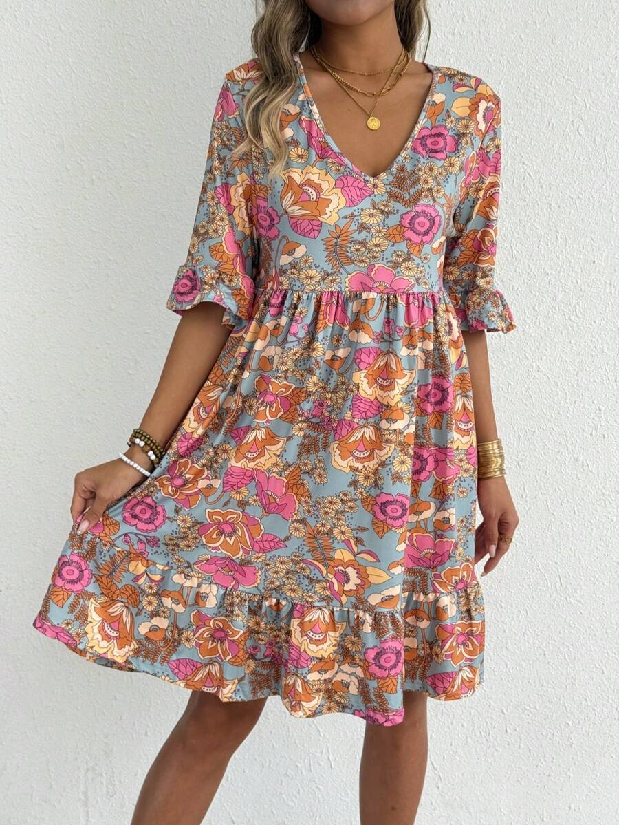 Women's V Neck Floral Print Ruffle Hem Tiered Midi Dress | Bohemian Casual Summer Dress