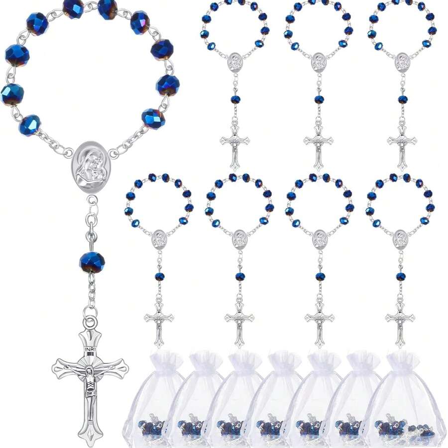 1/5/10 Sets Baptism Gift Set, With Faux Deep Blue Crystal Bracelet And Cross Pendant, Suitable For Various Party Gifts - Blue - View 1