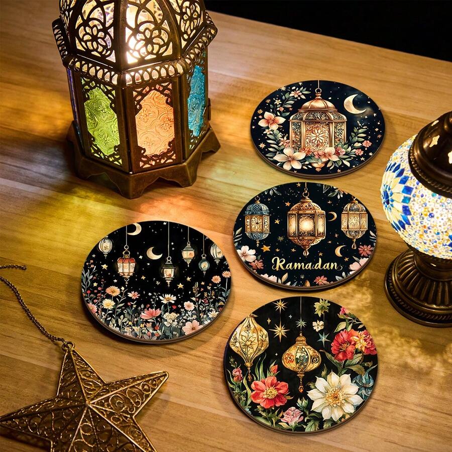 4pcs/Set Islamic Style Coasters, Featuring Vintage Lantern, Moon, Star, And Floral Patterns, Heat-Resistant Coasters Suitable For Coffee, Tea, And Other Beverages, Home And Kitchen Accessories. - Multicolor - View 1