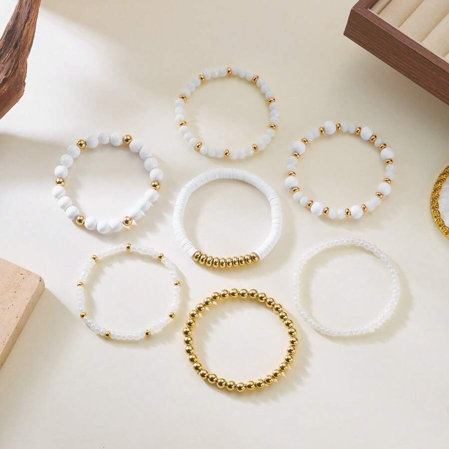 7pcs/8pcs Set Boho Style Beaded Bracelet Set, Bohemian Vacation Design, Bead Charm Bracelet, Creative Multi-Layer Handmade Glass Beaded Bracelets