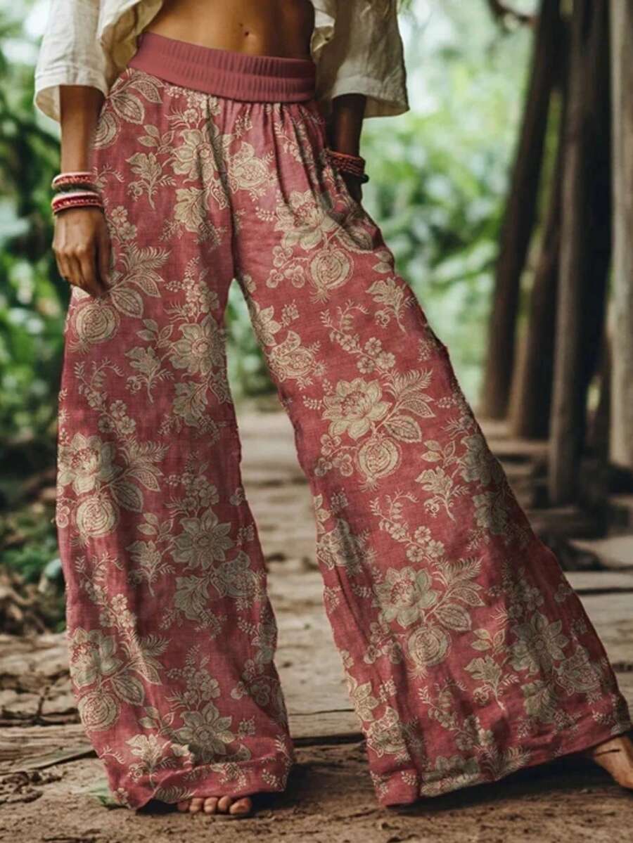 (Free Shipping!!!) 2026 Women's New Arrival Rust Red & Beige Vintage Floral Print Bohemian Pastoral Style Wide-Leg Elastic Waist Casual Pants - 彩色 - 查看 1