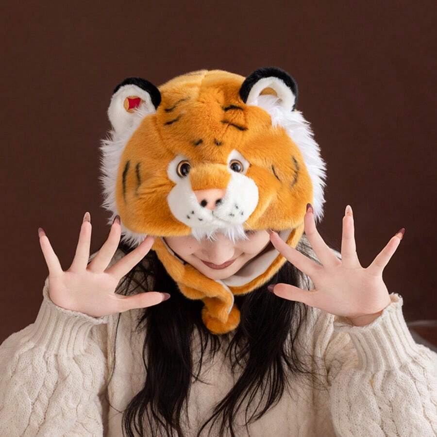 逼真老虎头帽子毛绒玩具，可爱东北虎毛绒玩具，趣味创意毛绒玩具，儿童最爱的礼物，情人节、斋月、复活节和生日惊喜礼物，送给女朋友和孩子 - 彩色 - 查看 1