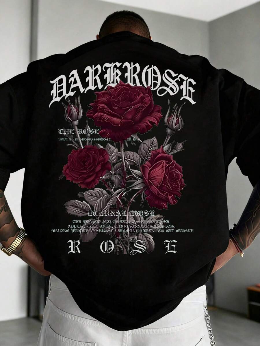 Men's Casual Versatile Simple Rose Flower Print Short Sleeve T-Shirt - Black - View 1