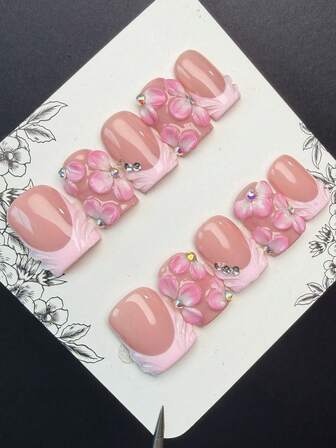 10片/套 Y2K 坏女孩风格按压式美甲贴片，短方形，手工制作，裸色、粉色亮面美甲设计，带有法式、雕刻、水钻元素，适合女性和女孩，派对、日常佩戴，包含工具包（配件颜色随机）