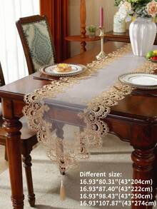 100% Polyester Delicate Water-Soluble Hollow Lace Tassel Trim Decorative Table Runner, Elegant High-End Unique Home Decor For Kitchen, Dining Table, Desk, Coffee Table, Vanity, Gift, Place Mats, Living Room, Bedroom, Yard, Indoor Outdoor Villa, Camping, Date Night, Banquet, Holiday, Party, Cabinet Gathering, Festival Decoration, Party & Wedding Decorations, 1pc - Khaki - View 15