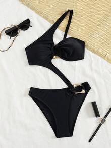Women's Solid Color Hollow-Out One-Piece Swimsuit, Suitable For Summer Fashion Beach Vacation - Black - View 2