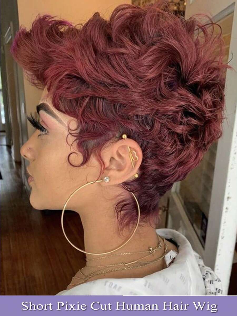 6 Inch Layered Curly Wave Pixie Cut Human Hair Wigs Burgundy No Lace No Glue Full Machine Made Natural Wave Human Hair Wigs With Bangs 180% Density 99J Big Curly Wigs For Women Daily Use ﻿ - S99J - 查看 1