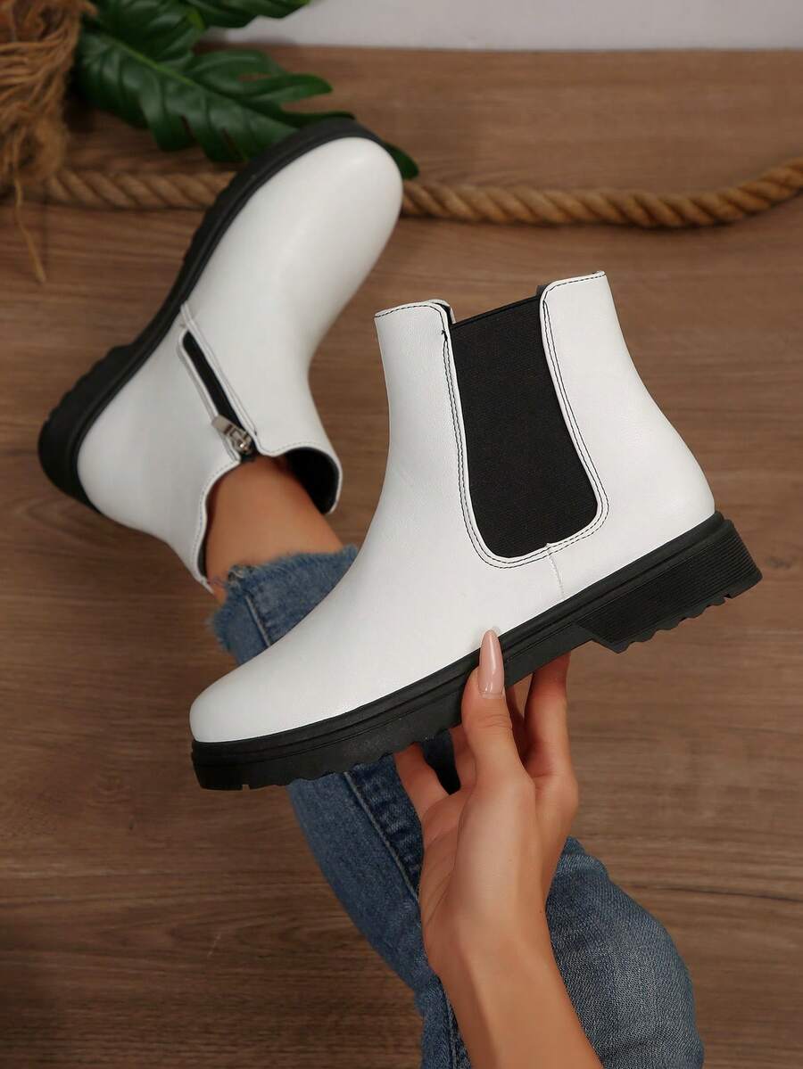 Women's Fashionable Casual Comfortable Versatile Solid Color Round Toe Elastic Slip-On Chelsea Ankle Boots, Autumn/Winter