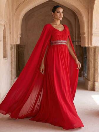 Elegante vestido de noche rojo largo de gala, vestido de una pieza para fiesta, vestido con capa de gasa de manga, vestido para mujer para boda formal, invitada, baile de graduación, alfombra roja, estilo diosa con cuello en V, plisado, fruncido, cintura con strass y pedrería, largo hasta el suelo, fluido y modesto, estilo árabe