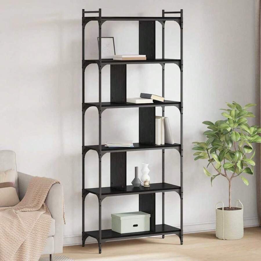 Larryhot Estantería Roble negro 76 x 32 x 192 cm Madera contrachapada, Fácil de montar, elegante y hermoso, y conveniente para almacenar artículos, es una opción ideal para el almacenamiento y la decoración del hogar. - Negro - Ver 1