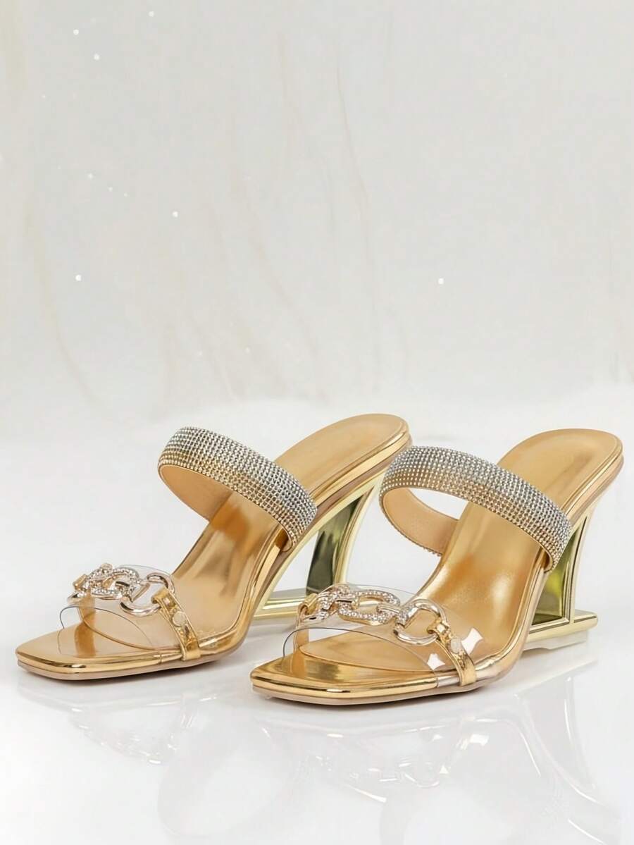 新款透明水晶装饰方头高跟一脚蹬凉鞋，性感百搭，适合大码身材，春夏穿搭