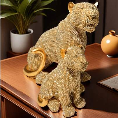 欧式家居装饰雕塑，镀金珍珠贝壳豹子雕像桌面摆件，适合客厅/卧室书架装饰，是复活节、父亲节、母亲节、情人节、节日和开学季的理想礼物。