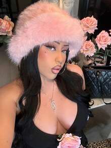 Women's Fluffy Wide Brim Faux Fur Bucket Hat, Warm And Cozy Bucket Hat For Winter, Fashionable And Comfortable, Suitable For Stylish Street Outfits