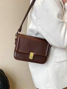 1pc Fashionable Solid Color Trim Minimalist Shoulder Square Bag - Coffee Brown - View 4