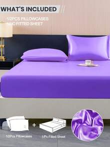 2/3件套纯色紫色缎面床笠套装，仿丝绸质感，含1个床笠和1/2个枕套（不含枕芯），现代柔软床上用品套装，适用于家用特大号、大号、标准双人床、单人床等多种尺寸，床笠深度可达11.8英寸，透气防皱，提升睡眠质量，可机洗。 - 紫羅蘭色 - 查看 2