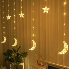 Luces de cortina de ventana con diseño de estrellas y lunas, alimentadas por batería, iluminación decorativa interior para sala de estar, dormitorio, fondo de pared, adecuadas para el Ramadán, Navidad, Día de San Valentín - Cortina de luz de noche estrellada - Ver 5