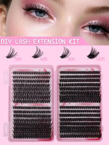640片独立睫毛簇，D卷度10D+20D+30D+40D+50D+60D+80D+100D，10-16毫米混合DIY睫毛簇，自然纤长、浓密持久，DIY睫毛嫁接套装，含胶水、封口剂和镊子，适合初学者在家或外出使用，适用于日常生活、派对和音乐节等场合。睫毛簇套装，睫毛，假睫毛，假睫毛