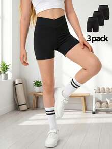 Teen Girls Solid Color V-Waist Comfortable Breathable 3 Pieces Set Sports Shorts (YY1151) - Black - View 4