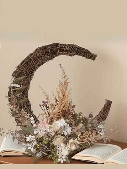 MEHELANY 1pc Moon Shaped Floral Wreath, Grapevine Wreath, Multi-Size Artificial Christmas Wreath, Rattan Moon Frame, Vintage Rattan Wall Decor, Suitable For Artificial Flower Wedding Wreath, DIY Home Hanging Decoration, Boho Style Decor, Wedding Season Decor, Birthday Party Home Wall Hanging Decor, Rama Decor, Rama E-I-D
