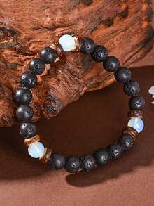 Herrarmband med lavaträpärlor, vulkanisk sten med opalpärlor, avslappningsroskransarmband, jordning, självförtroende, mod, herrsmycken - Multifärgad - Visa 2
