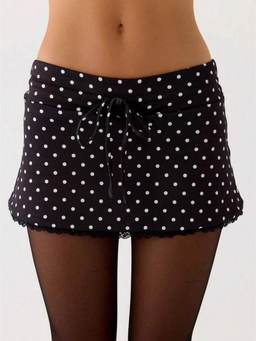 Women's Polka Dot Mini Skirt With Lace Trim Drawstring Waist - Black - View 1