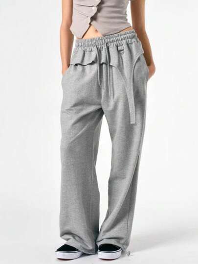 Women's Solid Color Casual Woven Fabric Pocket Pants, Comfortable For Home And Daily Wear, Spring/Autumn