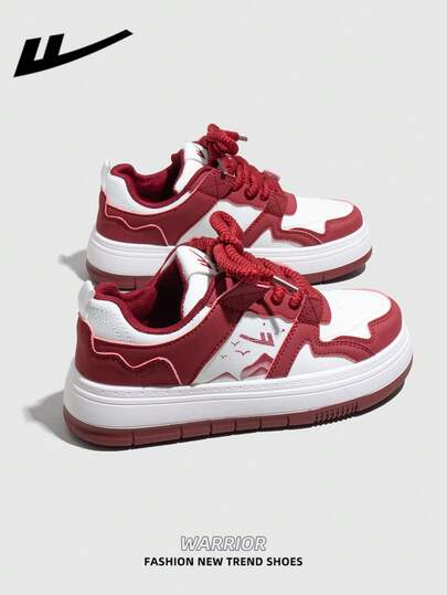  1 Pair WARRIOR Women's Thick Sole Lace-Up Soft Bottom Casual Shoes, Low-Top Outdoor Flat Shoes, Round Toe Low Heel Non-Slip Solid Color Elegant Soft Bottom Hiking Shoes, Suitable For Students, Graduation Photos, Flat Shoes, Women Leather Skate Sneakers