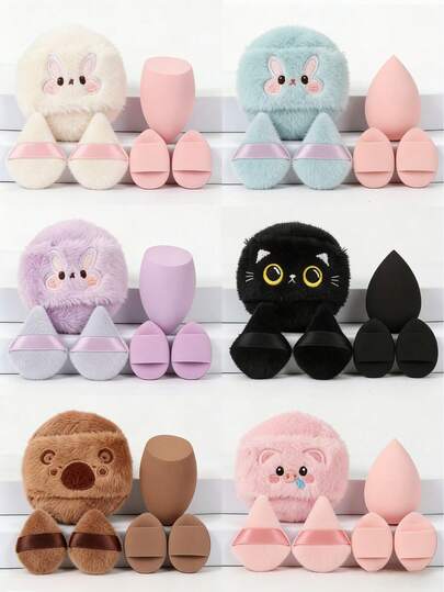 一套化妆海绵套装：包含小三角化妆海绵、指尖无乳胶气垫粉扑、大号美妆蛋、可爱粉色小猪紫色兔子毛绒粉扑、柔软舒适的加厚植绒粉扑，适用于面部、粉底和遮瑕膏的晕染，可用于房间装饰、梳妆台、旅行、卧室等场合，是化妆必备的实用工具，价格实惠，是圣诞节和新年礼物的理想之选，干湿两用，男女皆宜。