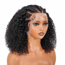 Tóc giả xoăn Lucking Hair làm từ tóc người, kiểu ren phía trước 13x4, tóc giả nửa tết sát da đầu và nửa tết sâu, đã được tỉa sẵn và tạo kiểu, dành cho phụ nữ da đen, mật độ 180, dài 16 inch. - Natural Black - Xem 3