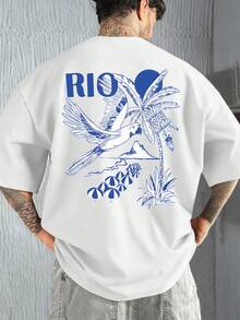 Fractyr 男士夏季时尚简约度假风椰树、沙滩、鹦鹉和里约元素印花圆领短袖T恤 | 百搭街头休闲上衣，男友/老公礼物 - 白色 - 查看 1