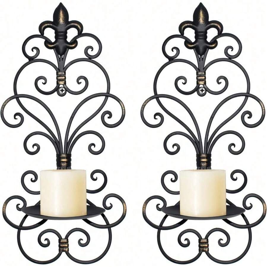 Set Of 2 Wall Sconces Candle Holders Metal Wall Decoration Hanging Wall Mounted Candle Sconces For Home Decor Bedroom Dining Room, Antique Gold - 古董黑-1 - 查看 1