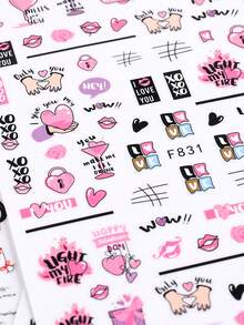 2片可爱粉紫色爱心、嘴唇和玫瑰情人节设计美甲贴纸，自粘式DIY美甲贴花，女士和女孩美甲配件 - 彩色 - 查看 4