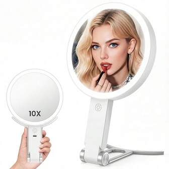 M MISS DREAM Espejo de maquillaje recargable para viajes con luces, doble cara con aumento de 30X/1X, espejo de belleza portátil iluminado, 3 colores de luz, pantalla táctil regulable, de sobremesa/de mano/montado en la pared (blanco)