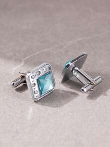 1 Pair Mint Blue Copper Alloy Rhinestone Inlaid Fashionable Men's Cufflinks - Mint Blue - View 1